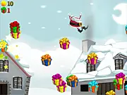 Screenshot of Jumpy Santa game showing Santa Claus jumping between snow-covered rooftops with a gift in his hand, aiming for a chimney.