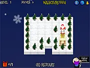 Screenshot of Christmas Gifts Push game showing a Santa character pushing a red present across an icy rooftop towards a chimney.