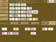 Screenshot of Mexican Train Dominoes game showing the central hub and multiple branching domino lines on a game table.