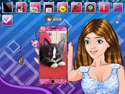 Screenshot of Style Amber's Phone free online game showing a customized smartphone with a colorful cover, cute stickers, and gems
