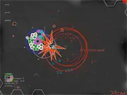 Screenshot of Hexcelle Arena, showing a complex hexagonal grid battlefield with custom-designed cellular units engaging in a simulated strategic battle.