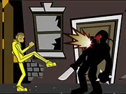 Screenshot of the game Kong Fu Monkey showing a monkey character in martial arts stance fighting a robot enemy in a futuristic, 2D side-scrolling environment.