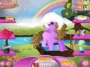 Screenshot of Caring Carol Cute Pony game showing an adorable pink pony being groomed and wearing a colorful accessory.