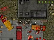 Zombie Again action game screenshot showing a player fighting a horde of zombies with an upgraded weapon. Play free survival shooter games online.