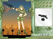 The character Justice Soldier Enya standing ready in customized battle armor in the dress-up game