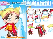 Screenshot of Baby in the Snow Makeover game showing a girl in a snowy setting wearing stylish winter clothes and makeup.