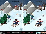 Free online Spot the Difference: Winter Tales game screenshot, showing two similar cozy winter cabin scenes.