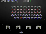 Screenshot of Galactic Space Invaders game, player's ship shooting at pixelated alien invaders, classic free online arcade shooter