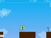 Hop the Gap online game screenshot showing a stick figure preparing to jump a large chasm toward the red flag. Play free on PlayArcadeHub.