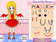 Screenshot of the Dress Up Sense game showing a fashionable girl character standing in a vibrant outfit selection screen with various clothing icons.