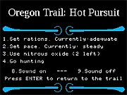Screenshot of Oregon Trail: Hot Pursuit game showing a pioneer on a rocket-strapped oxen racing across a dusty western frontier. Free funny racing game.