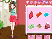 Sugarspin Cutie game screenshot showing a teen girl posing in a newly styled outfit, ready for accessories and shoes. Play free dress-up on PlayArcadeHub.