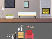 Online interior design game screen showing a modern living room with a sleek grey sofa and minimalist decor