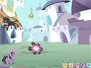 Gameplay screenshot of the free online game Canterlot Defender showing pony heroes defending the city walls against a swarm of incoming Changelings