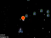 Screenshot of the AB: 30K Starfighter game showing a player's ship firing lasers at a large group of enemy alien spacecraft in deep space.