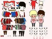 Screenshot of the Modern Friends Dress Up game showing two stylized young characters, Merthur and Brolin, wearing trendy casual modern clothing.