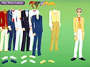 Screenshot of the Groom Dress Up game showing a male character model with various suits, ties, and wedding outfits displayed on the side for selection and styling.