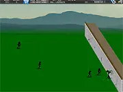 Screenshot from the Defend the Village game showing a heroic figure throwing several black stickmen high into the air against the backdrop of a village.