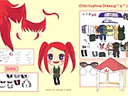 The main screen of the free online game Chibi Kushina Uzumaki Dressup, showing the adorable chibi version of Kushina surrounded by various clothing and accessory options.