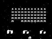 Screenshot of the Space Invaders 3D game showing a player's turret shooting lasers at incoming waves of pixelated alien spacecraft.