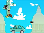 Tallboy endless runner game screenshot showing the character jumping over an obstacle while collecting food