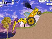 A yellow construction backhoe using its digger arm to push itself up onto a high, hard-to-reach surface in the puzzle game Backhoe Trial Online
