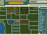 Free online game screenshot for Urban Plans showing a top-down view of a city grid with strategically placed residential, commercial, and industrial zones.