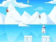 North Pole Jumper free online game, an adorable polar bear jumping on ice blocks to collect tuna fish and avoid angry fish, arcade jumping game