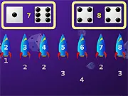 Screenshot of a digital dice game with several dice showing different values, a score counter, and an image of a rocket being prepared for launch.