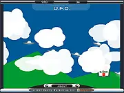 Screenshot of the 7-11 UFO Shooter game showing a crosshair aiming at several small, circular flying saucers in a night sky
