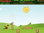 Kill The Wabbits free online physics puzzle game, launching a bomb from a cannon to destroy structures