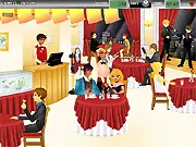 Restaurant Romance game screenshot showing a couple on a date in a restaurant with various clickable items, free online puzzle game