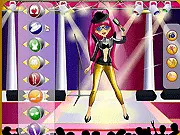 Screenshot of the Super Pop Star Dressup game showing a stylish female pop star character wearing a dazzling stage outfit.