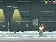 Screenshot of Winter Quest Adventure showing a little boy character standing in a snowy landscape with pine trees.