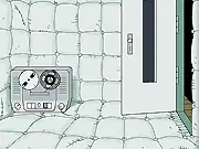 Screenshot from Submachine: Future Loop Foundation game, showing a dimly lit room with a locked door and an old tape player. Play free online mystery escape game.