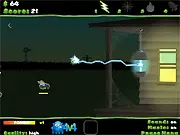 Splatter Bugs game showing a house window being attacked by various insect enemies, defended by a powerful bug zapper firing at the bugs.