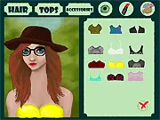 Screenshot of Summer Vibe Dress Up showing a stylized female character wearing a fashionable, brightly colored summer outfit and sunglasses, standing on a sunny beach or vacation setting.