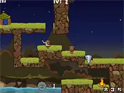 Savage Dinner online game screenshot, savages delivering food to a tribal bonfire across a long journey, free puzzle adventure game