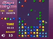 Sparkling diamonds, rubies, and emeralds falling into a glass container in the Diamond Temptation online puzzle game