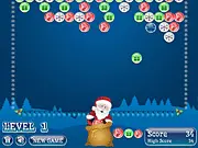 Gameplay screen of Bubble Santa showing Santa Claus shooting a bubble towards a cluster of red and green Christmas-themed bubbles