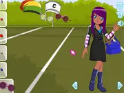 School Girl Dressup game screen showing the character Kylie dressed in a stylish cheerleader uniform with various clothing and accessory options laid out around her.
