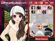 New York Makeover game screen showing a young girl dressed in a sparkling New Year's Eve outfit standing against a backdrop of the New York City skyline.