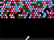 Screenshot of Flowers Bubble Shooter game, showing colorful flower bubbles, a cannon aiming a new bubble, and the relaxing garden background