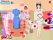 Screenshot of the Gentle Nurse Dress Up game showing a smiling nurse with various medical uniforms, scrubs, and professional healthcare accessories to choose from.