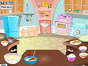 Screenshot of the Apple Cake cooking game showing a finished apple cake on a plate with virtual ingredients in the background
