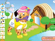 Cute Puppy Dressup online game screenshot showing an adorable puppy wearing a stylish outfit, complete with a fancy hat and glasses.