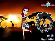 Screenshot of the African Print Fashion game showing a stylish female model wearing a vibrant yellow and blue patterned dress with matching accessories and a detailed head wrap.
