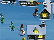 Animated image of Otto, the evil twin of Santa, sneaking through a snowy North Pole village with a large sack full of stolen Christmas presents