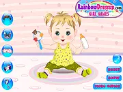 Girly Toddler Dress Up free online game screenshot, a little girl being styled with cute clothes, hair, and a toy