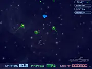 Screenshot of Doomrunner FX space shooter game, showing the player's ship firing rapid lasers at multiple small enemy ships in space.